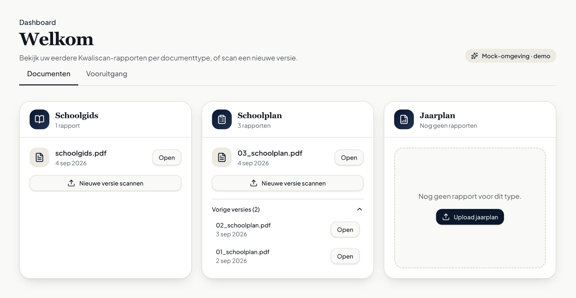 Documentendashboard van Kwaliscan met kaarten per documenttype en eerdere versies